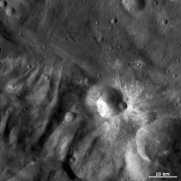 This image from NASA's Dawn spacecraft is dominated by bright rayed craters of different sizes. The most prominent bright rayed crater is named Tuccia.