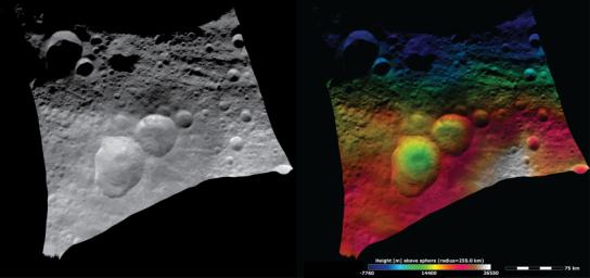 These images from NASA's Dawn spacecraft show the Domitia crater in Vesta's northern hemisphere and the topography of the surrounding region, which includes the 'Snowman' craters.