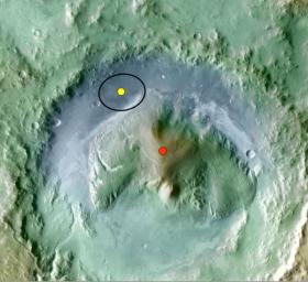 Color coding in this image of Gale Crater on Mars represents differences in elevation. The vertical difference from a low point inside the landing ellipse for NASA's Mars Science Laboratory (yellow dot) to a high point on the mountain inside the crater.