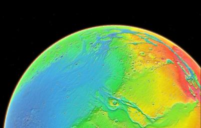 Color coding in this image of Mars represents differences in elevation, measured by NASA's Mars Global Surveyor. While surface liquid water is rare and ephermal on modern Mars.