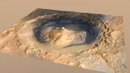 Gale Crater, where the rover Curiosity of NASA's Mars Science Laboratory mission will land in August 2012, contains a mountain rising from the crater floor.