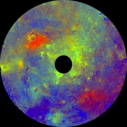 This image using color data obtained by the framing camera aboard NASA's Dawn spacecraft shows asteroid Vesta's southern hemisphere in color, centered on the Rheasilvia formation.