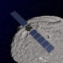 This artist's concept shows NASA's Dawn spacecraft orbiting the giant asteroid Vesta. The depiction of Vesta is based on images obtained by Dawn's framing cameras.