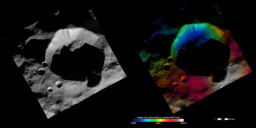 These images from NASA's Dawn spacecraft are dominated by the 35km diameter Bellicia crater on asteroid Vesta, after which Bellicia quadrangle is named.