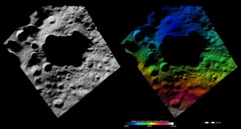 These images from NASA's Dawn spacecraft are dominated by the 45km diameter Domitia crater on asteroid Vesta, after which Domitia quadrangle is named.