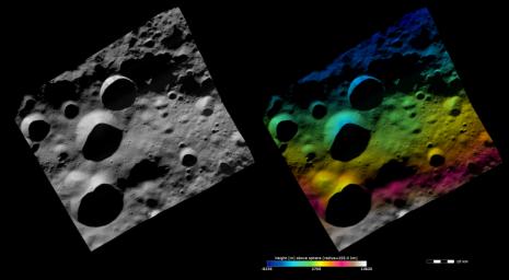These images from NASA's Dawn spacecraft show the 12km diameter Floronia crater on asteroid Vesta, after which Floronia quadrangle is named. Floronia crater is the middle crater in the vertical column of 3 craters.