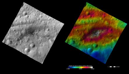 These images from NASA's Dawn spacecraft show Lucaria Tholus on asteroid Vesta, after which Lucaria quadrangle is named. Lucaria Tholus is the large, roughly elliptically shaped hill in the center of the image.