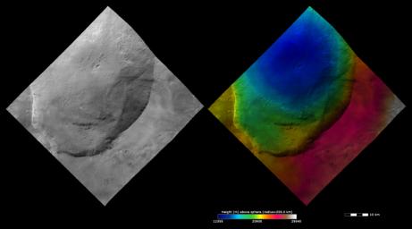 These images from NASA's Dawn spacecraft show Marcia crater, after which Marcia quadrangle is named. Marcia crater is the largest and southernmost of the three Vestan craters nicknamed the 'Snowman.'
