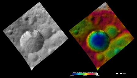 These images from NASA's Dawn spacecraft show the ~20km diameter Numisia crater on asteroid Aster, after which Numisia quadrangle is named.