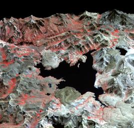 NASA's Terra spacecraft captured this image of the Laguna del Maule volcanic field which straddles the Andean range crest between Chile and Argentina.