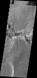 This large landslide deposit is located in an unnamed crater southwest of Holden Crater. This image was captured by NASA's 2001 Mars Odyssey spacecraft.