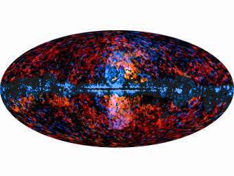 This all-sky image shows the distribution of the galactic haze seen by ESA's Planck mission at microwave frequencies superimposed over the high-energy sky, as seen by NASA's Fermi Gamma-ray Space Telescope.