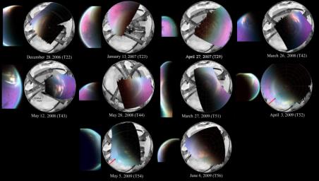 This series of images obtained by NASA's Cassini spacecraft shows several views of the north polar cloud covering Saturn's moon Titan.