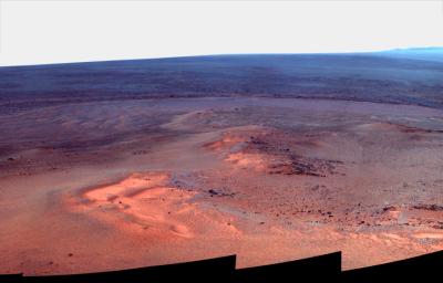 This false-color mosaic of images shows the windswept vista northward (left) to northeastward (right) from the location where NASA's Mars Exploration Rover Opportunity is spending its fifth Martian winter, an outcrop informally named 'Greeley Haven.'