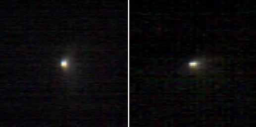 These two infrared images of comet C/2013 A1 Siding Spring were taken by the Compact Reconnaissance Imaging Spectrometer for Mars (CRISM) aboard NASA's Mars Reconnaissance Orbiter on Oct. 19, 2014.
