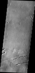 This image captured by NASA's 2001 Mars Odyssey spacecraft shows part of the lava field just off the northern flank of Ascraeus Mons. The depressions are collapse features most likely related to lava tubes below the surface.