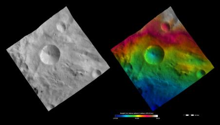 These images from NASA's Dawn spacecraft show Sextilia crater on asteroid Vesta.