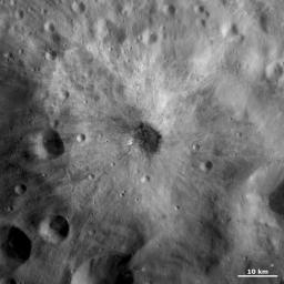 This image from NASA's Dawn spacecraft is centered on a small, young, fresh crater with bright and dark ejecta rays extending from it. The crater is located in Vesta's Tuccia quadrangle on asteroid Vesta.