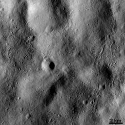 This image from NASA's Dawn spacecraft shows many linear or sinuous grooves crisscrossing the surface of asteroid Vesta. They were created when large pieces of debris grazed and scoured the surface.
