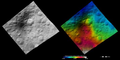 These images from NASA's Dawn spacecraft show the brightness/darkness of asteroid Vesta's surface. These images are located in Vesta's Marcia quadrangle.