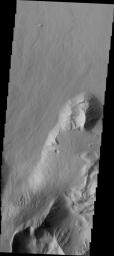 This image captured by NASA's 2001 Mars Odyssey spacecraft shows Olympus Mons is surrounded by an escarpment, called Olympus Rupes, a steep cliff-face between the volcano and the surrounding lava flows on the northeastern side of Olympus Mons.