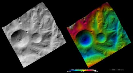 These images are located in Vesta's Rheasilvia quadrangle, near asteroid Vesta's south pole. NASA's Dawn spacecraft obtained the apparent brightness image with its framing camera on Oct. 22, 2011.
