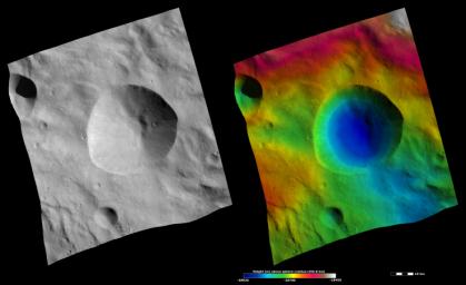 These images are located in asteroid Vesta's Rheasilvia quadrangle, near Vesta's south pole. These images are centered on the large Tarpeia crater. 