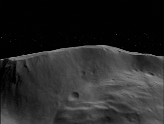 This still from an animation made from data obtained by NASA's Dawn spacecraft shows the topography of a portion of the wall and interior of the Rheasilvia impact basin in asteroid Vesta's south-polar region.
