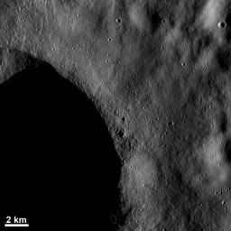 The low sun elevation in this image of NASA's Dawn spacecraft of asteroid Vesta enhances small topographic details near the rim of the large crater, part of which is visible in the bottom left of the image.