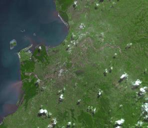 This image, acquired by NASA's Terra spacecraft, shows Fiji, hard hit by heavy rains in early 2012, causing flooding and landslides. Hardest hit was the western part of the main Island of Viti Levu, Fiji, and the principal city of Nadi.