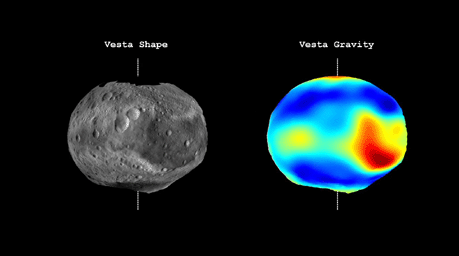 This frame from a video from NASA's Dawn mission shows that the gravity field of Vesta closely matches the surface topography of the giant asteroid Vesta.