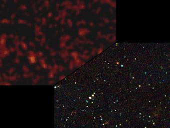 NASA's NuSTAR will be able to identify individual black holes making up the diffuse X-ray glow, also called the X-ray background. At bottom right is a simulated view of what NuSTAR will see.