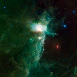 The Flame Nebula sits on the eastern hip of Orion the Hunter, a constellation most easily visible in the northern hemisphere during winter evenings in this view from NASA's WISE Telescope.