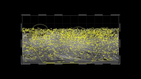 This graphic shows the global distribution of craters that hit the giant asteroid Vesta, based on data from NASA's Dawn mission. The yellow circles indicate craters of 2 miles or wider, with the size of the circles indicating the size of the crater.