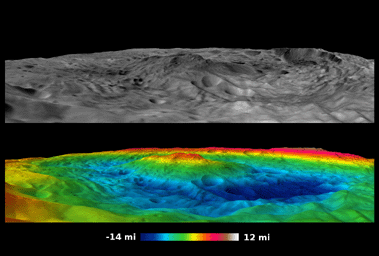 Scientists with NASA's Dawn mission have created perspective views of the Rheasilvia impact basin on the giant asteroid Vesta. Rheasilvia is located in Vesta's southern hemisphere.
