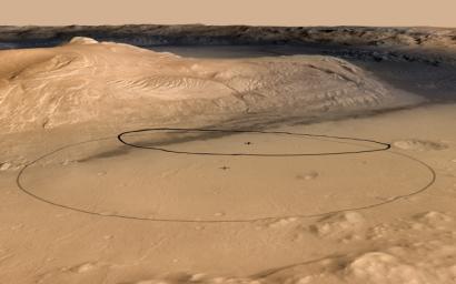 This image shows changes in the target landing area for Curiosity, NASA's Mars Science Laboratory rover. The larger ellipse for the target area has been revised to the smaller ellipse centered nearer to the foot of Mount Sharp, inside Gale Crater.