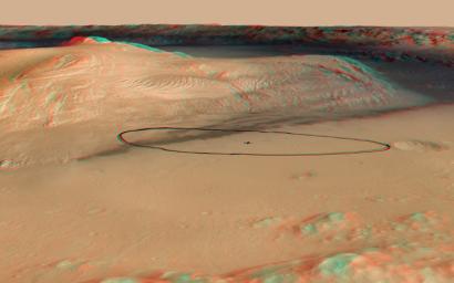 The site for NASA's Curiosity rover is near the northern flank of Mount Sharp, inside Gale Crater on Mars. You need 3D glasses to view this image.