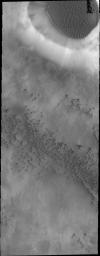 The floor of the crater at the top of this image from NASA's 2001 Mars Odyssey spacecraft is completely covered by a large sand sheet with surface dune forms. Now that is it near the end of northern spring all the frost has disappeared from the sand.