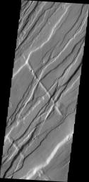 The floor of the crater at the top of this image from NASA's 2001 Mars Odyssey spacecraft is completely covered by a large sand sheet with surface dune forms. Now that is it near the end of northern spring all the frost has disappeared from the sand.
