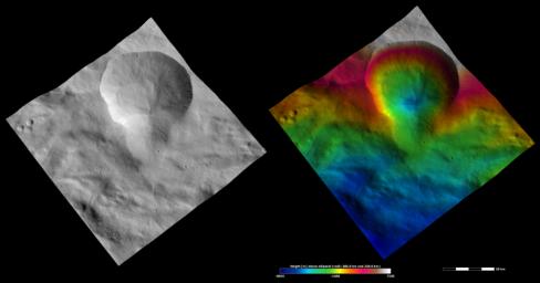 NASA's Dawn spacecraft of asteroid Vesta shows the apparent brightness of asteroid Vesta's surface. Aquilia crater, located in Vesta's Pinaria quadrangle, is the large crater that dominates the top part of both images.