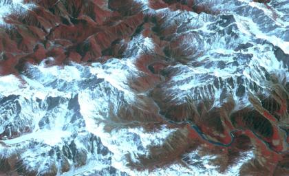 Acquired by NASA's Terra spacecraft, this image shows the Yarlung Zangpo Grand Canyon (or Tsangpo Gorge) in Tibet, the deepest canyon in the world, and longer than the Grand Canyon.