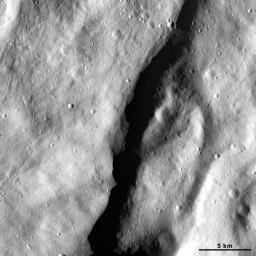 This image from NASA's Dawn spacecraft shows an escarpment located in asteroid Vesta's near Rheasilvia quadrangle, near Vesta's south pole.