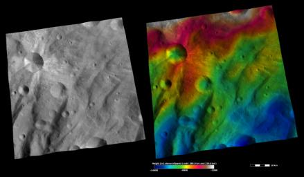 These images from NASA's Dawn spacecraft are located in asteroid Vesta's Urbinia quadrangle, in asteroid Vesta's southern hemisphere.