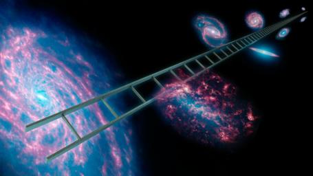 Astronomers using NASA's Spitzer Space Telescope have greatly improved the cosmic distance ladder used to measure the expansion rate of the universe, its size and age. This artist's concept symbolically shows a series of stars that have known distances.