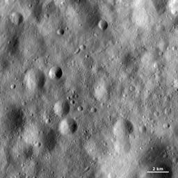 This image from NASA's Dawn spacecraft shows a part of asteroid Vesta's surface that is covered by heavily cratered regolith. Regolith is the fine-grained material that covers most of Vesta's surface.