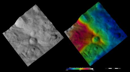 These images from NASA's Dawn spacecraft are located in asteroid Vesta's Sextilia quadrangle, in Vesta's southern hemisphere.