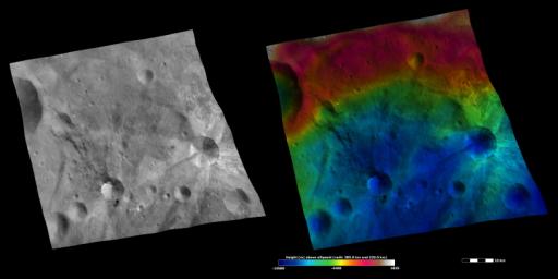 These images from NASA's Dawn spacecraft are located in asteroid Vesta's Urbinia quadrangle, in Vesta's southern hemisphere. Rays of bright material surround Canuleia crater and rays of dark material extend from the top part of Sossia crater.