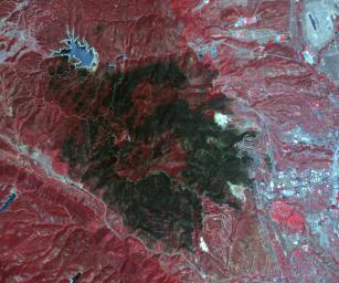 NASA's Terra spacecraft acquired this image of the Waldo Canyon Fire, west of Colorado Springs, Colo., being called the worst fire in Colorado history. Healthy vegetation is red, water is dark blue, streets and buildings are gray, and the burned areas are