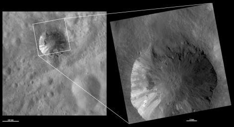 These images from NASA's Dawn spacecraft are located in asteroid Vesta's Numisia quadrangle, southern hemisphere; layers can be seen slumping towards the crater's center and there is slightly brighter material overlying slightly less bright material.