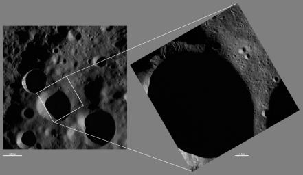 These images from NASA's Dawn spacecraft are located in asteroid Vesta's Floronia quadrangle, in Vesta's northern hemisphere; distinct sinuous grooves are visible around the rim of the crater.